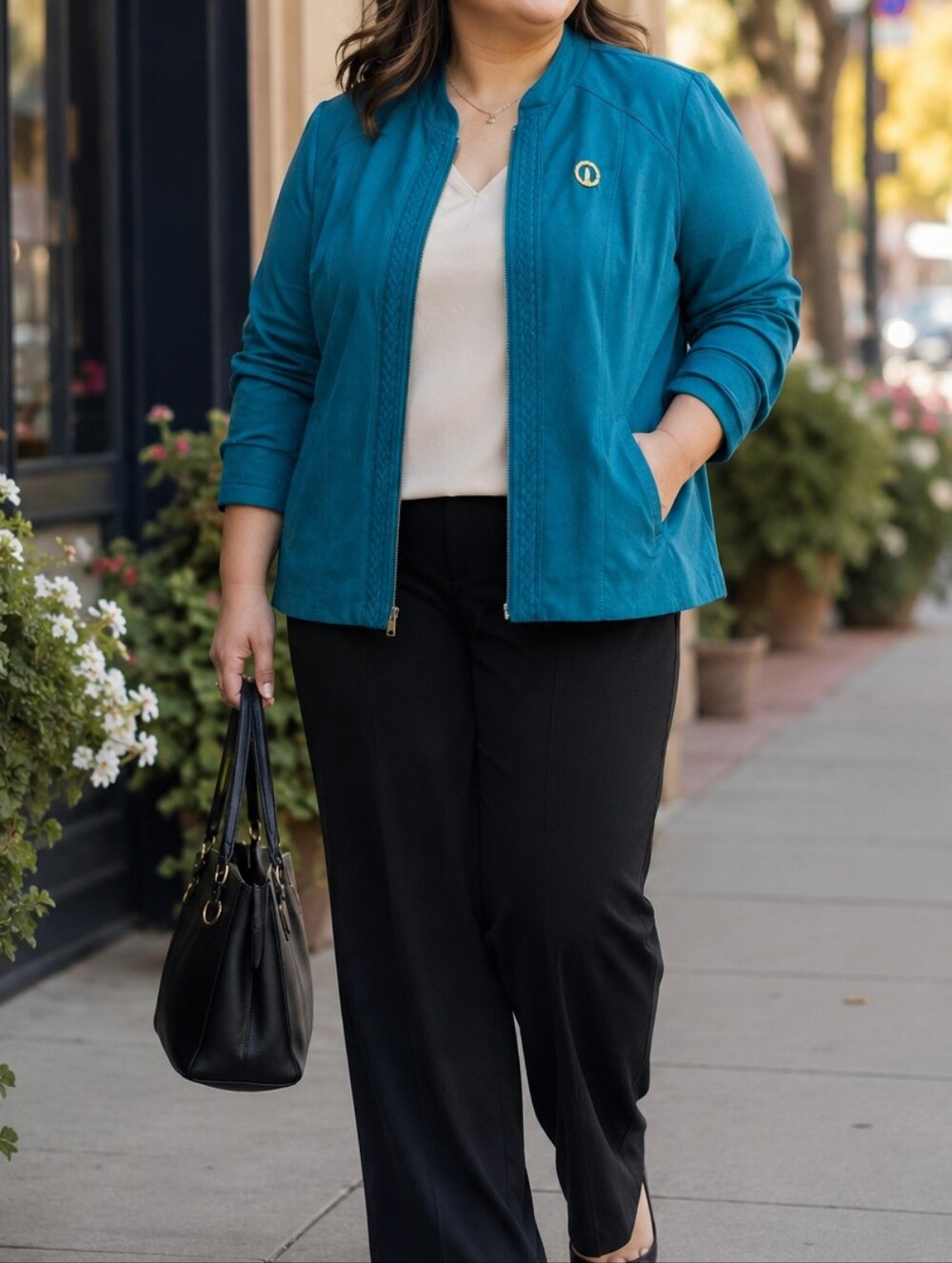 TanJay Teal Zip-Front Bomber Jacket Braided Trim Plus Size Casual Travel
